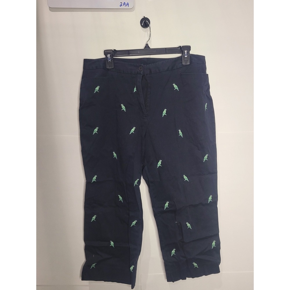 Womens EP Pro Golf Capri Pants, black with green birds, Size 14